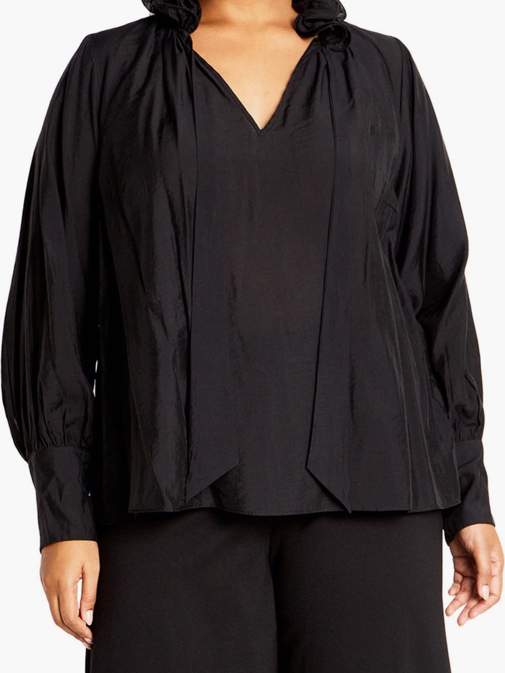City Chic Black V-Neck Tie-Detail Blouse